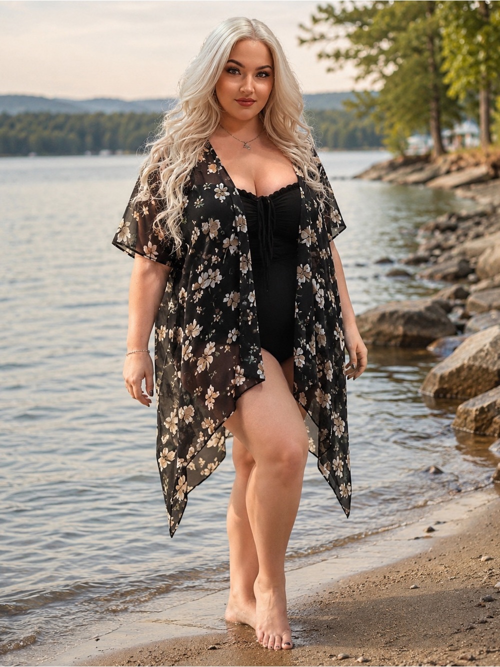 Black Floral Swim Cover-Up Kimono